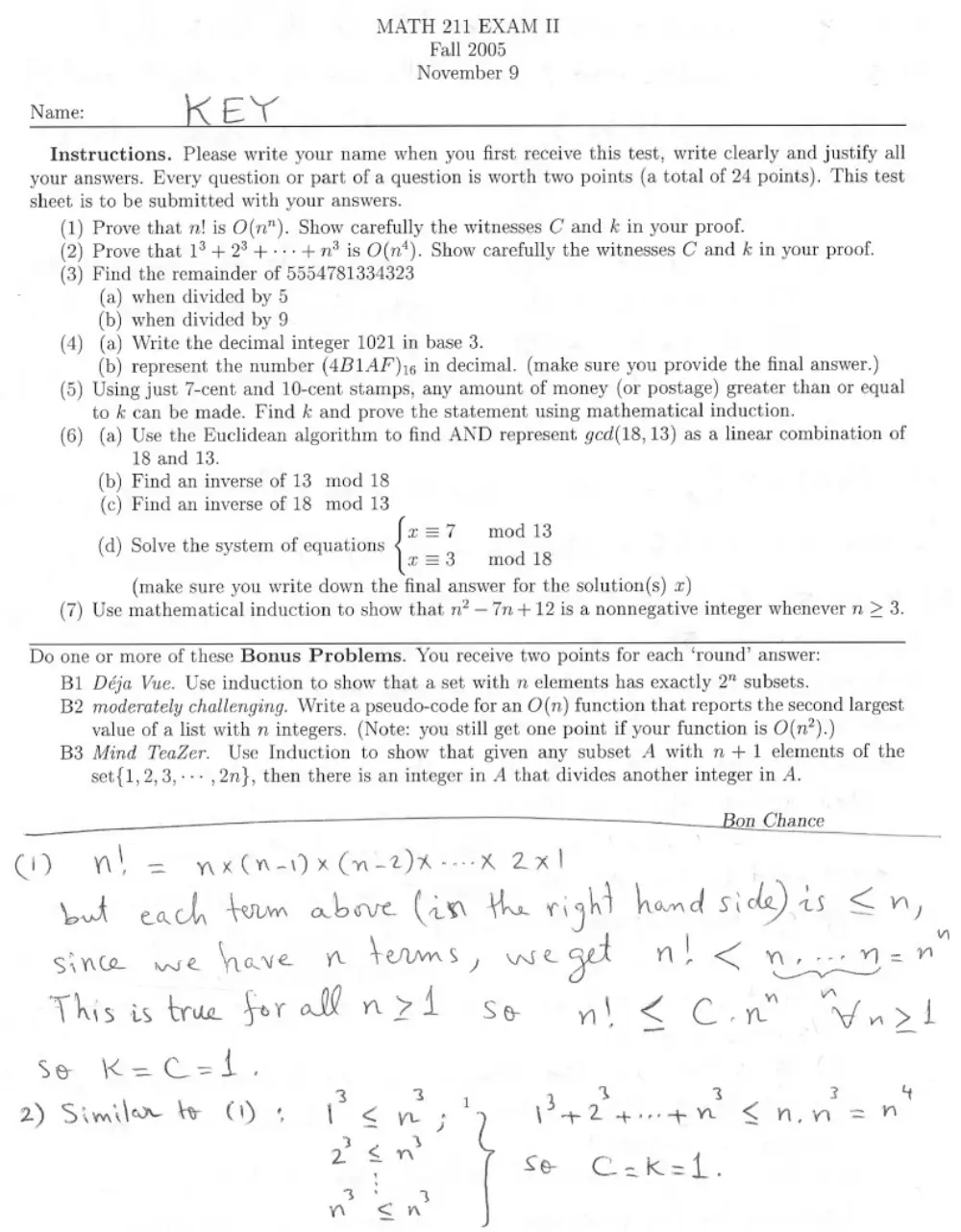 MATH 211 Exam 2 With Solution, Fall 2005, page 1