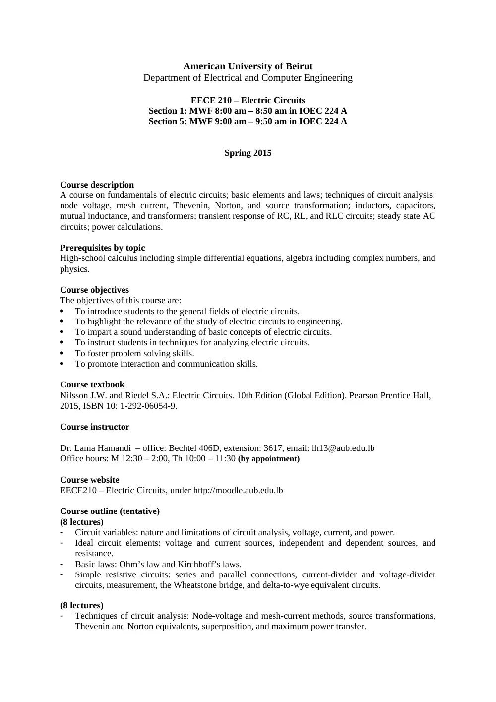 EECE 210 Syllabus, Spring 2015, page 1