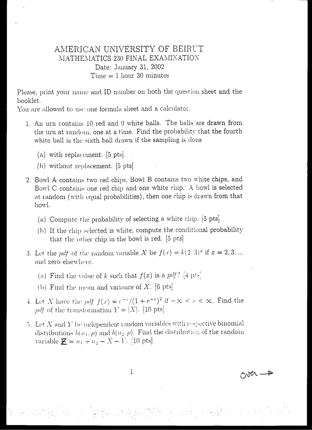 MATH 230 Final, Fall 2001, page 1