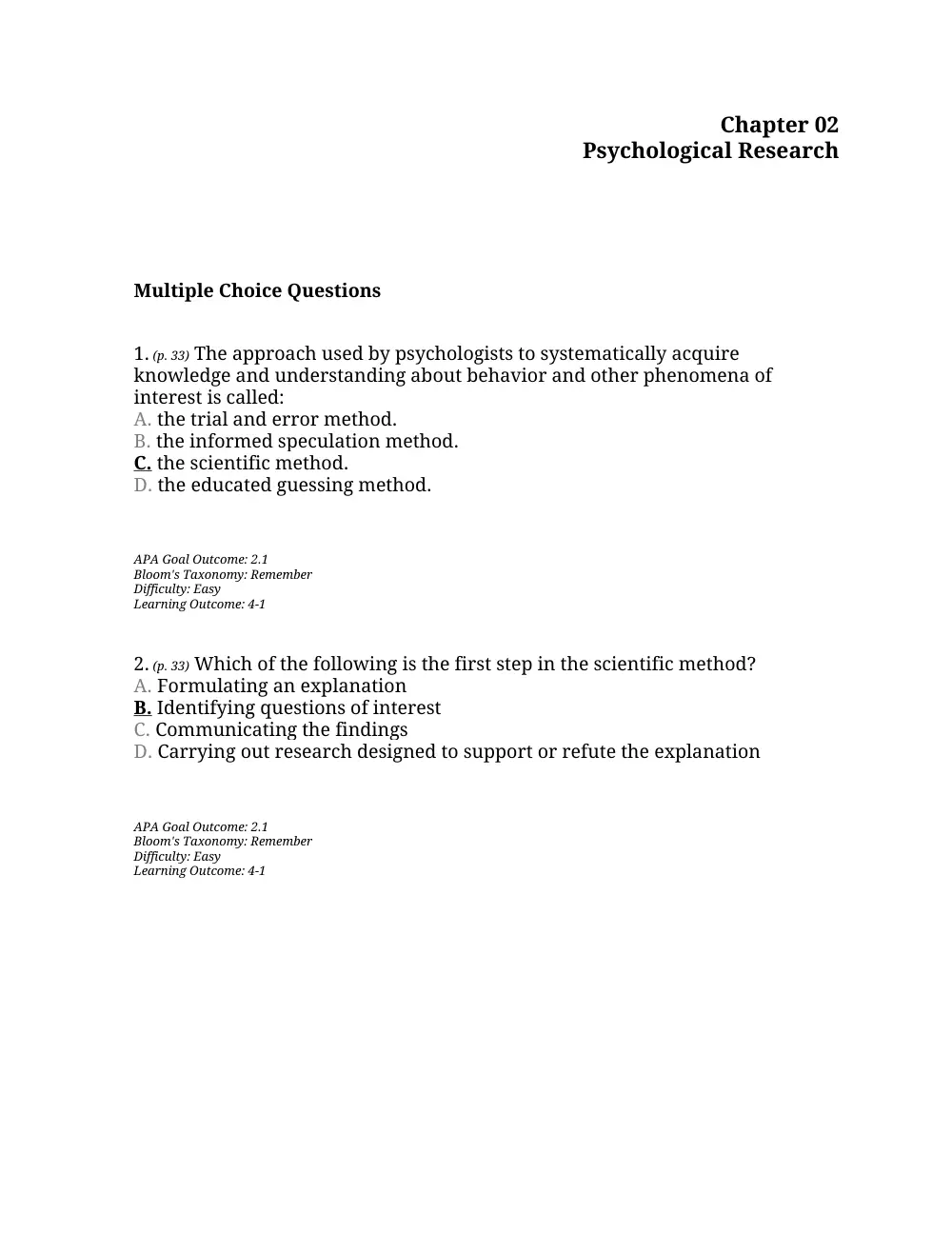 PSYC 201 Questions Chapter 2, Fall 2015, page 1