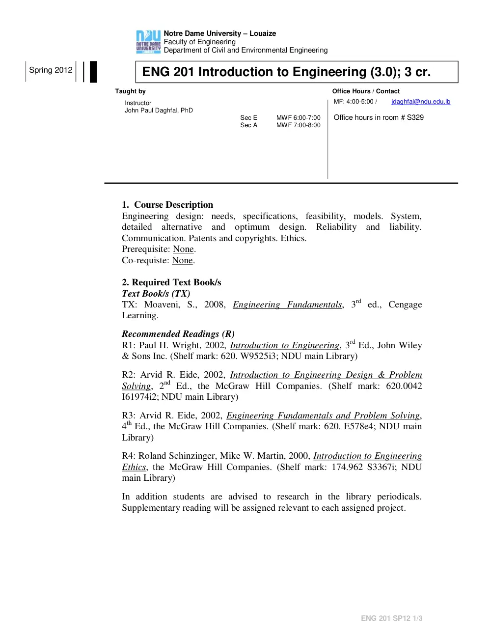 ENG 201 Syllabus, Spring 2012, page 1