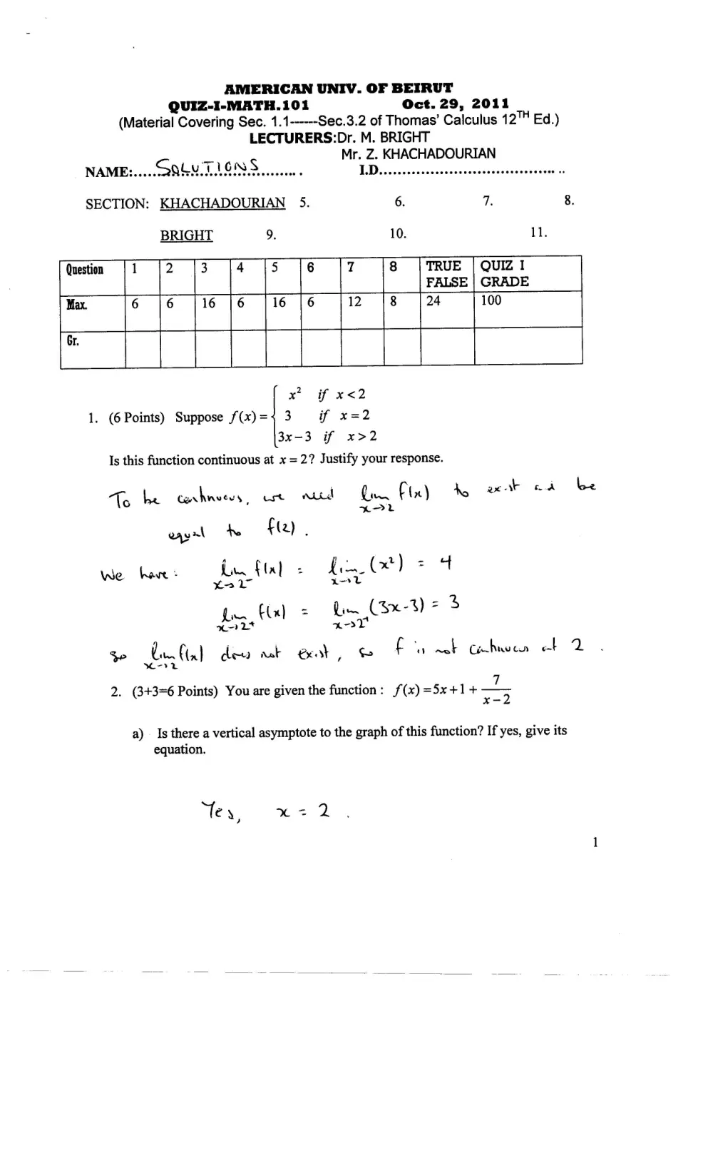 MATH 101 Exam 1 with Solution, Fall 2011, page 1