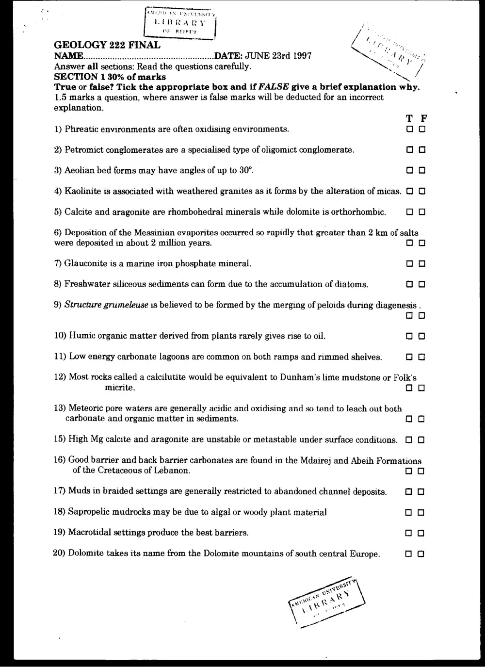 GEOL 222 Final, Spring 1997, page 1