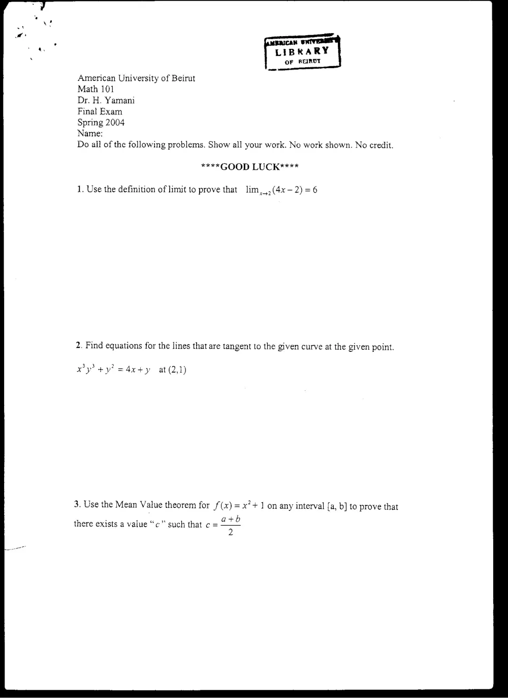 MATH 101 Final, Spring 2004, page 1