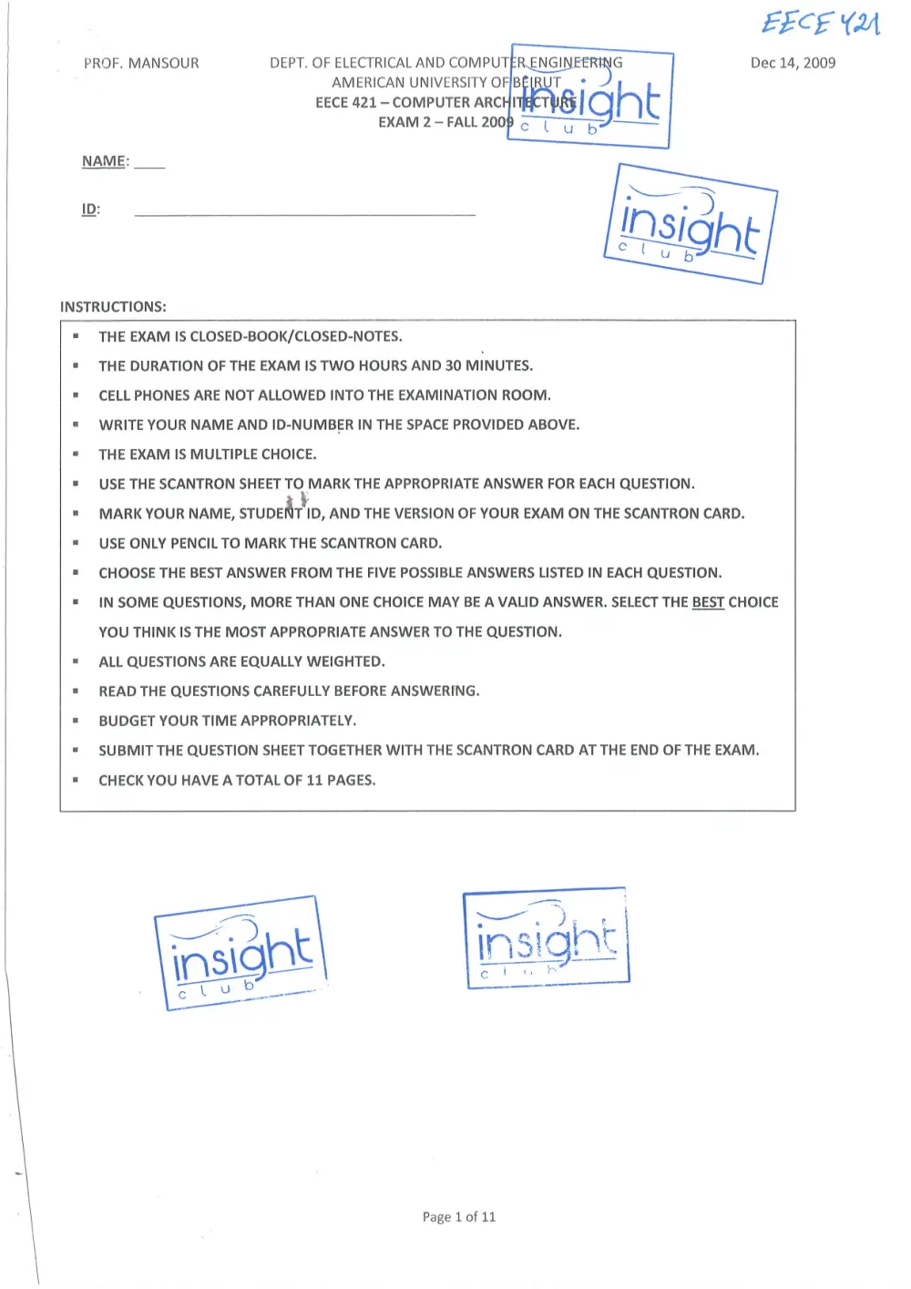 EECE 421 Exam 2, Fall 2009, page 1