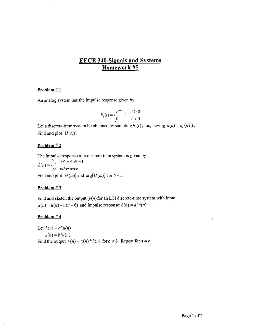 EECE 340 Homework, Spring 2005, page 1