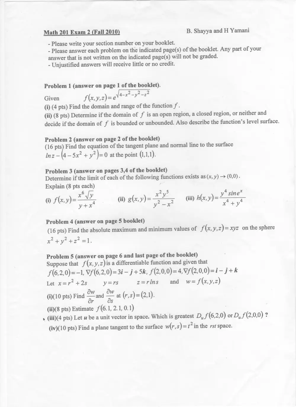 MATH 201 Exam 2, Fall 2010, page 1