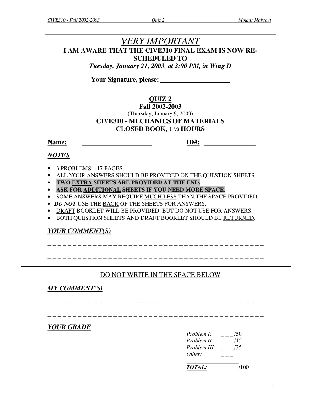 CIVE 310 Exam 2, Fall 2002, page 1