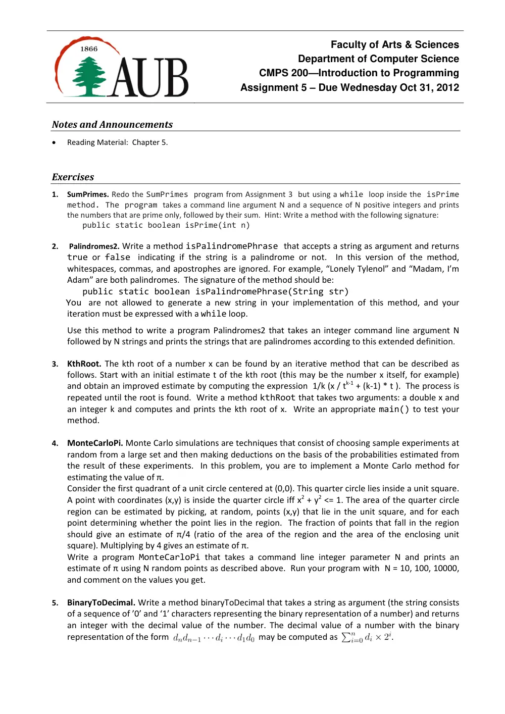 CMPS 200 Homework Assignment 5, Fall 2012, page 1