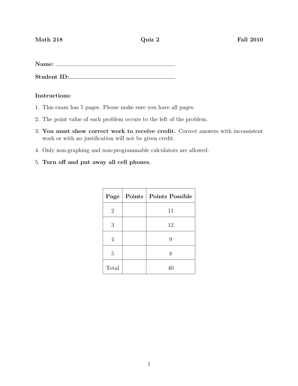 MATH 218 Exam 2, Fall 2010, page 1