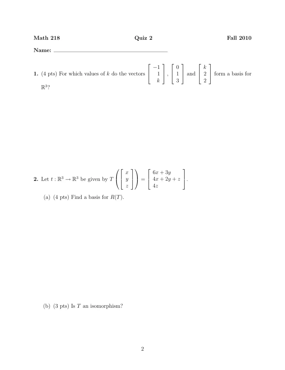 MATH 218 Exam 2, Fall 2010, page 2