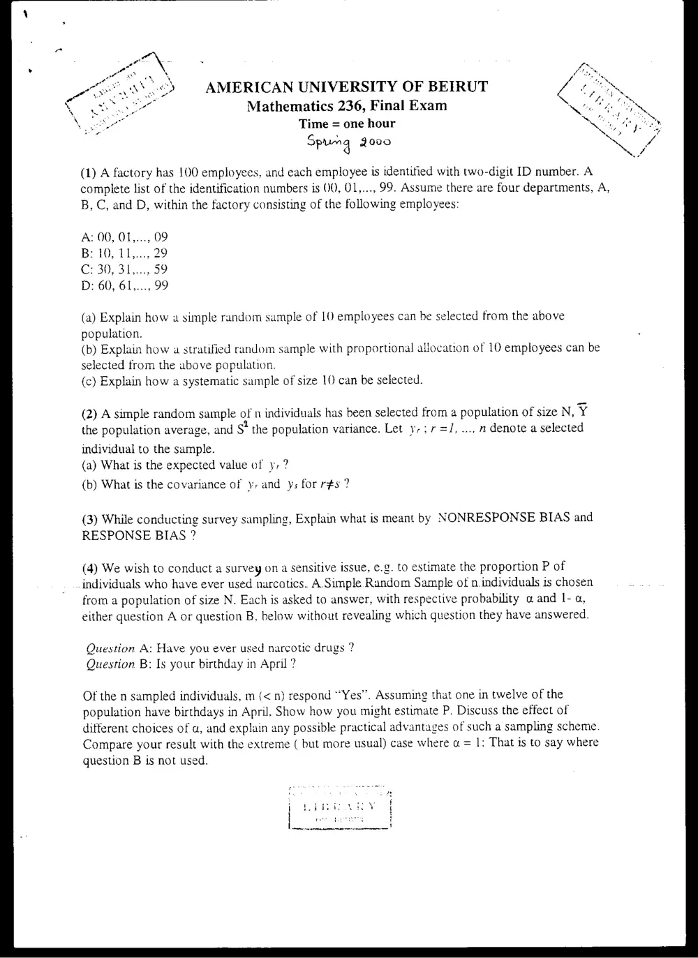 STAT 236 Final, Spring 2000, page 1