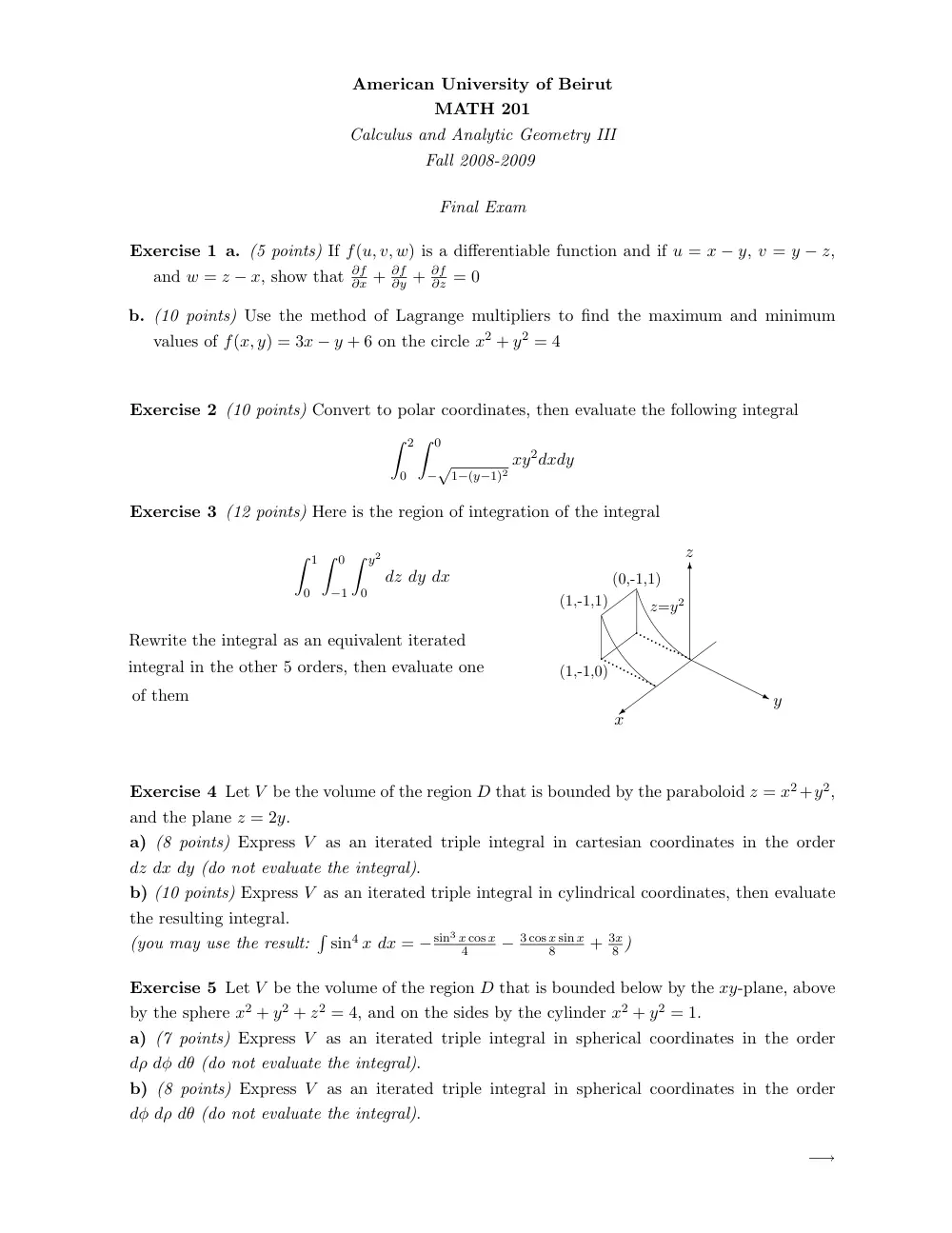 MATH 201 Exam 2, Fall 2009, page 1