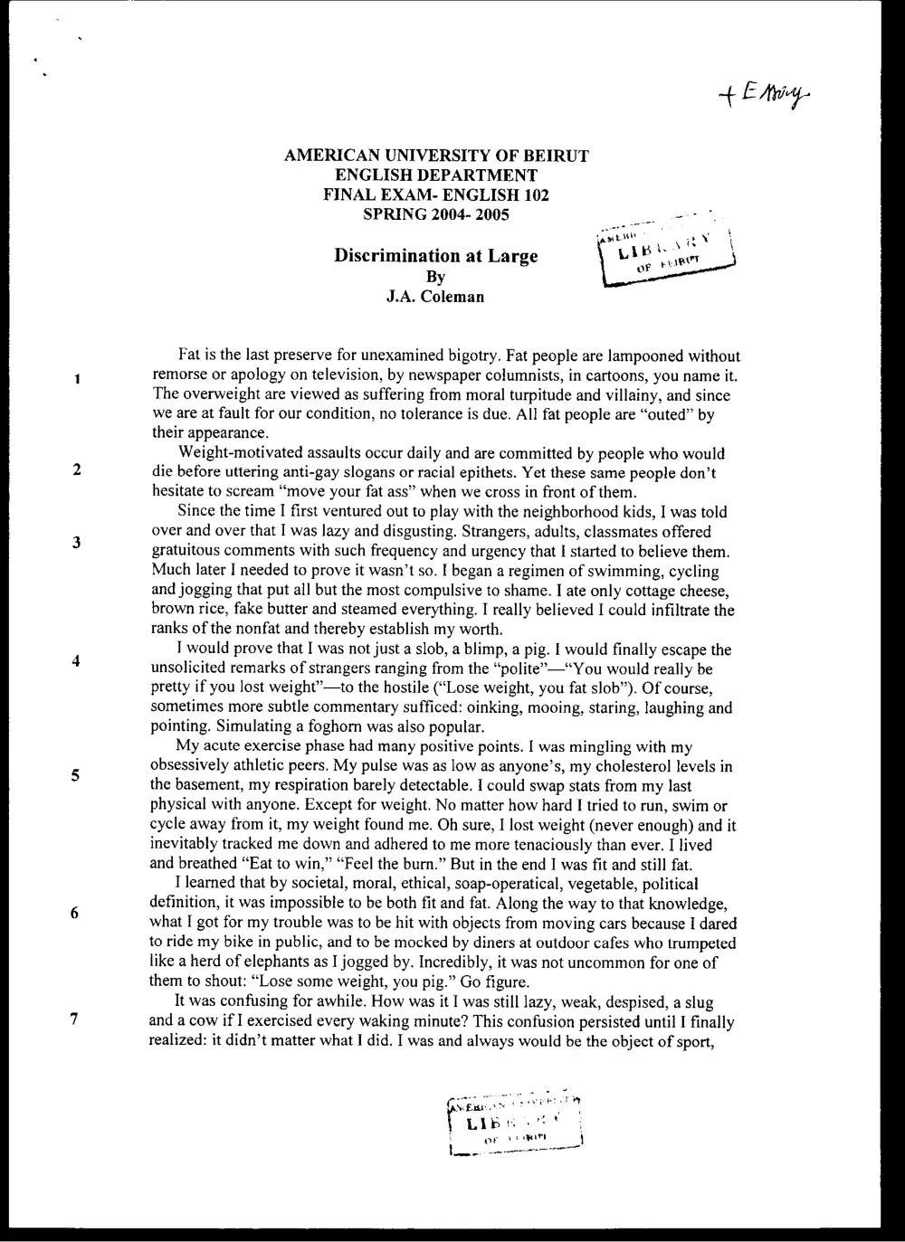 ENG 102 Final, Spring 2005, page 1