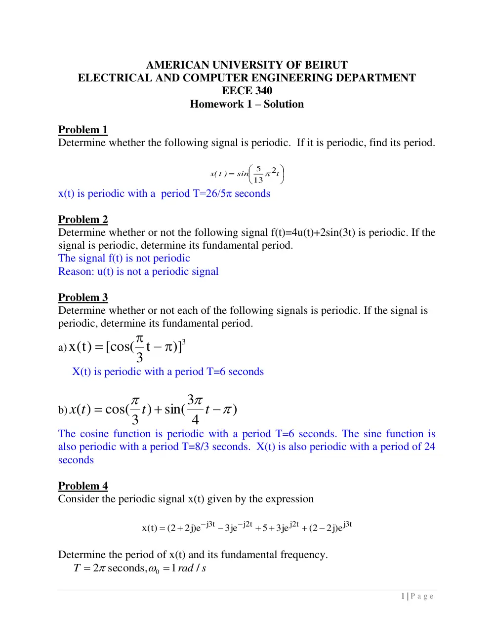EECE 340 Homework 1 Solution, Spring 2016, page 1