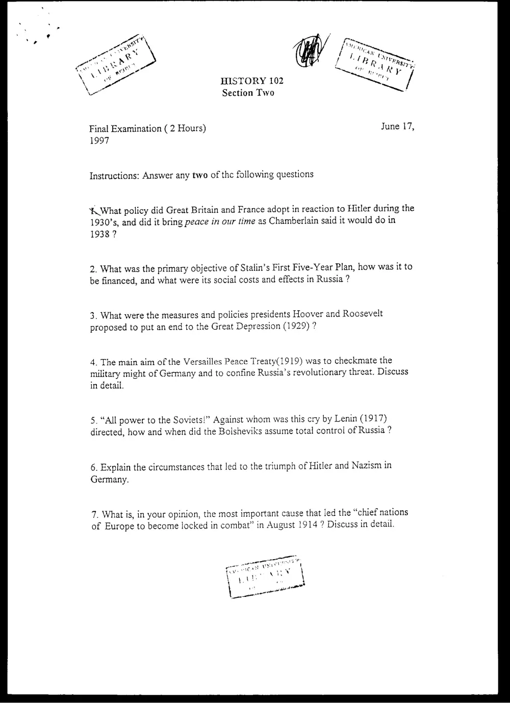 HIST 102 Final, Spring 1997, page 1