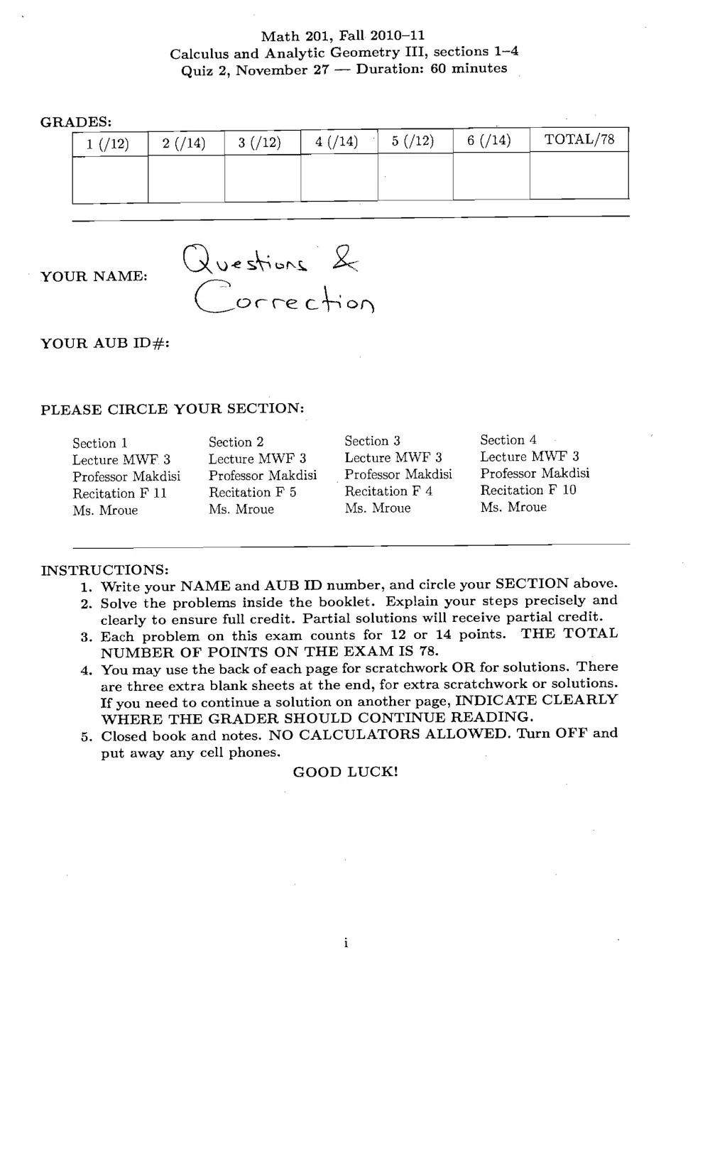 MATH 201 Exam 2 With Solution, Fall 2010, page 1