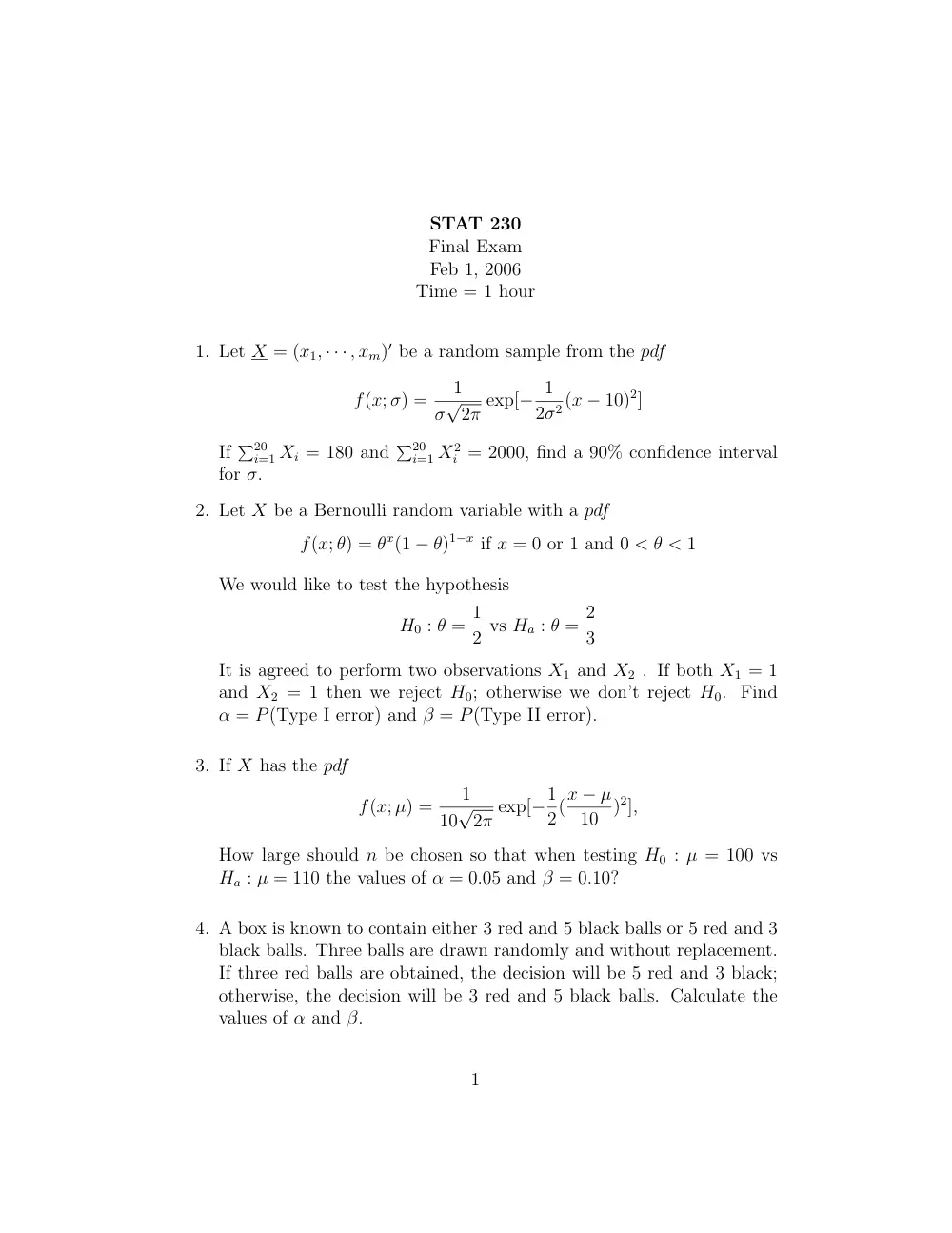 STAT 230 Final, Fall 2005, page 1