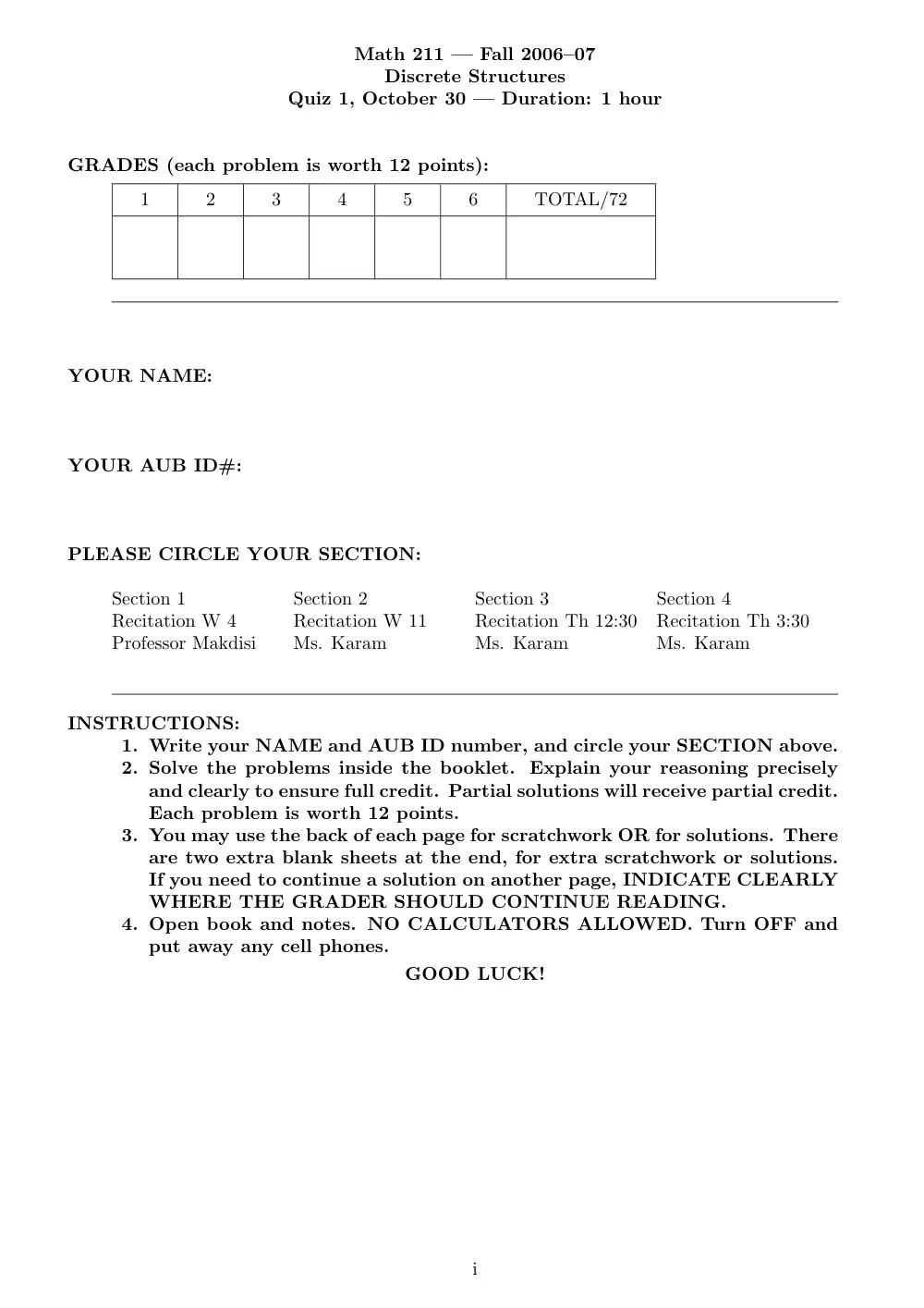 MATH 211 Exam 2, Fall 2006, page 1