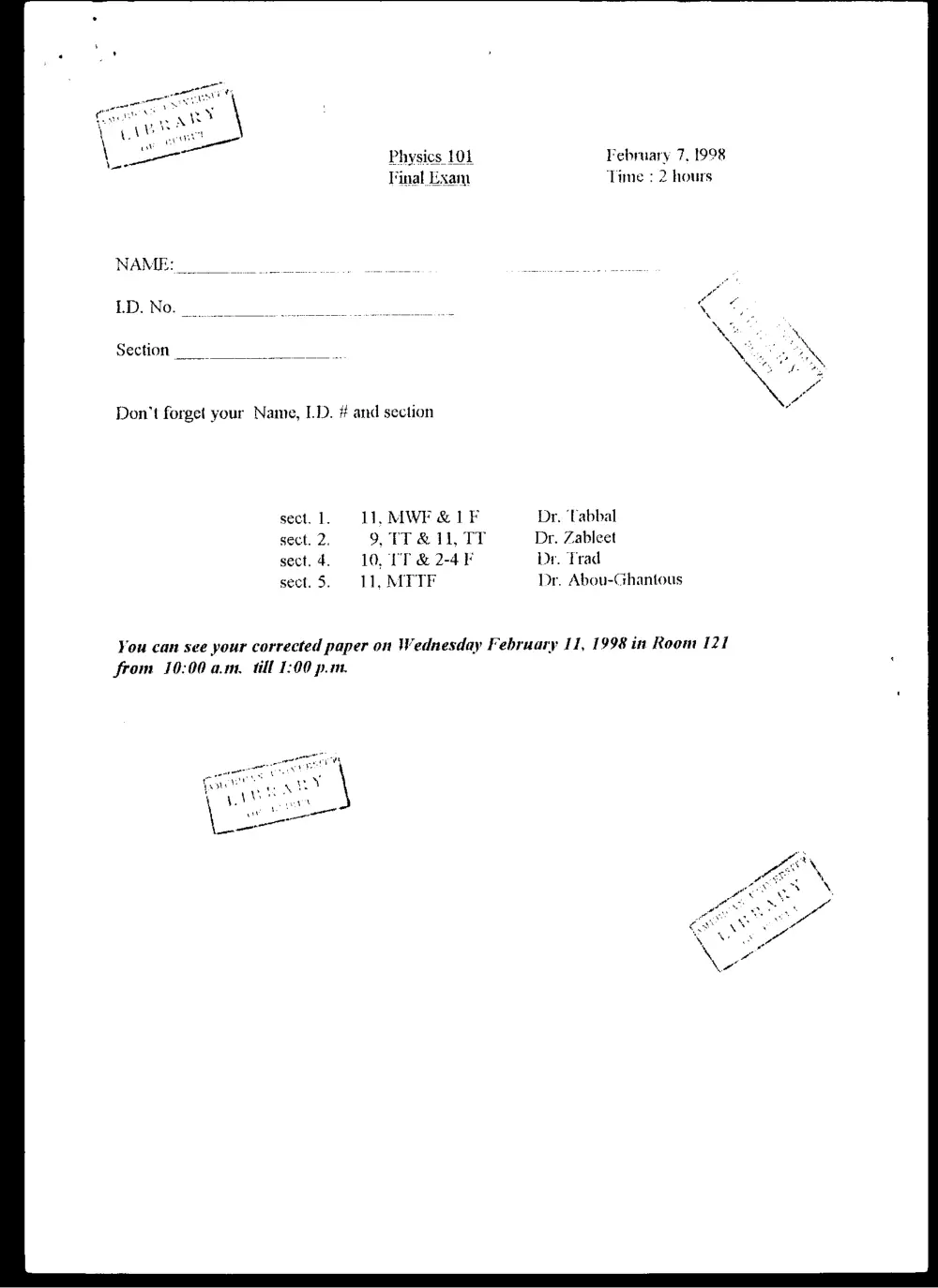PHYS 101 Final, Fall 1997, page 1