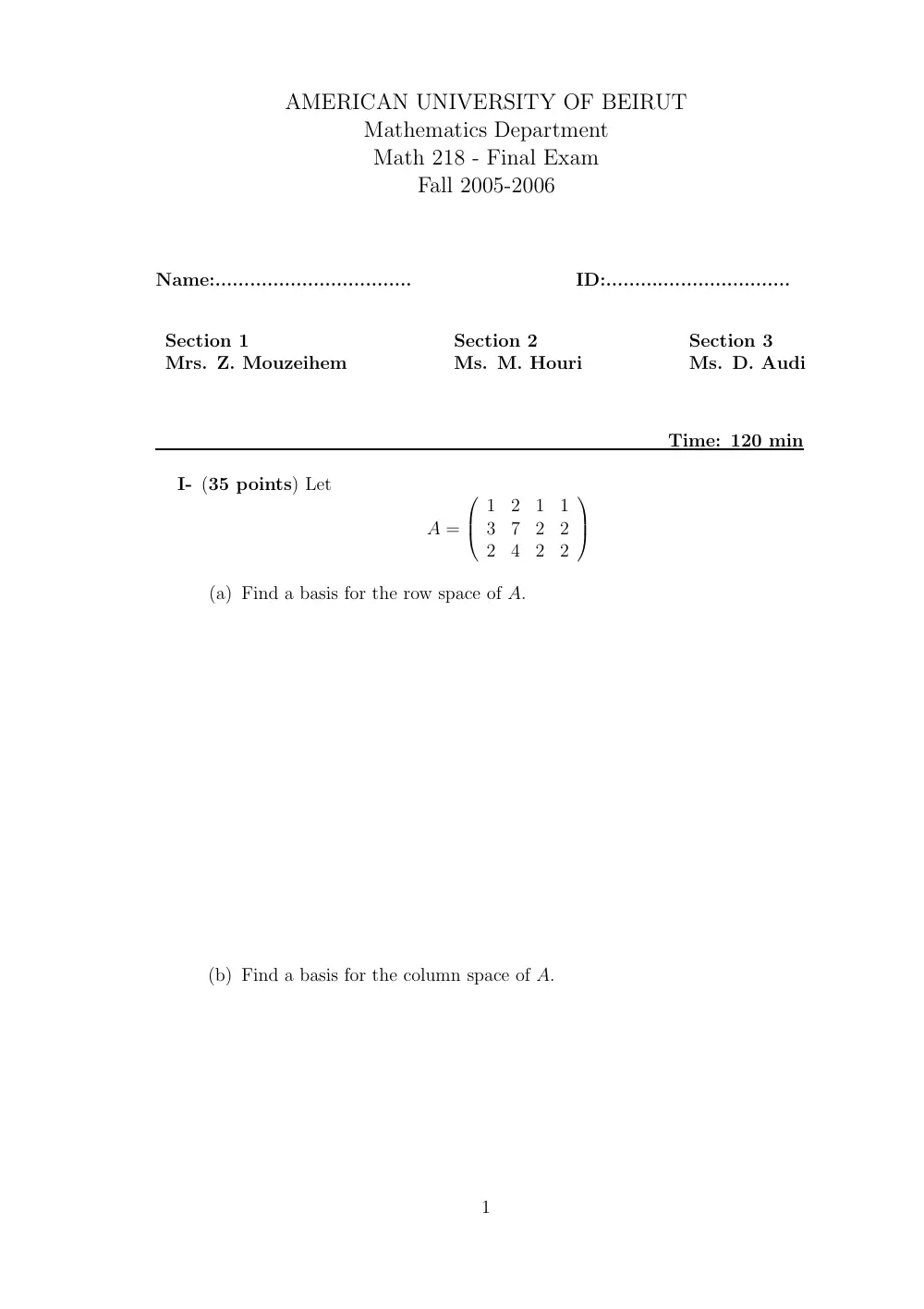MATH 218 Final, Fall 2005, page 1