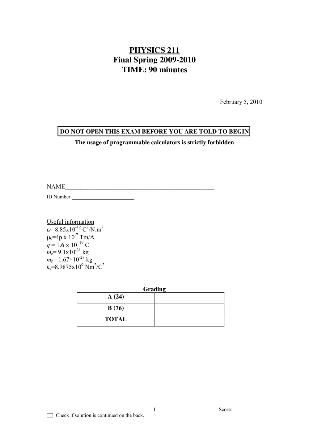 PHYS 211 Final, Fall 2009, page 1