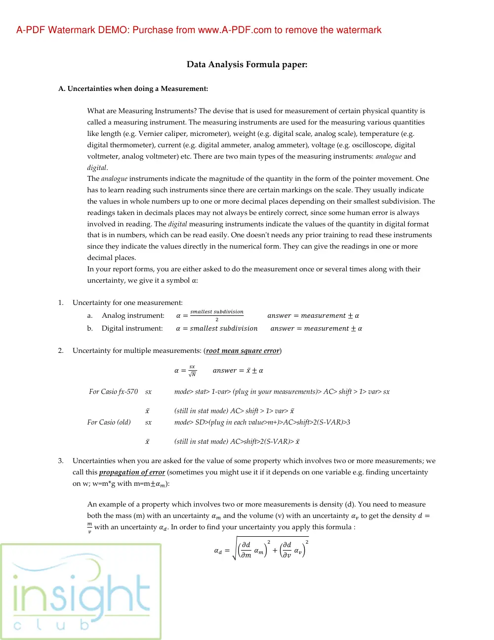 PHYS 101L Notes Data Analysis Formula Paper, Spring 2017, page 1