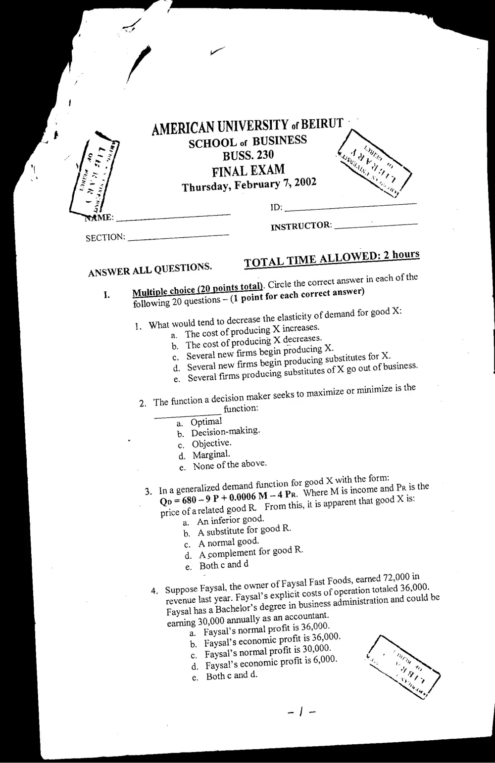 BUSS 230 Final, Fall 2002, page 1