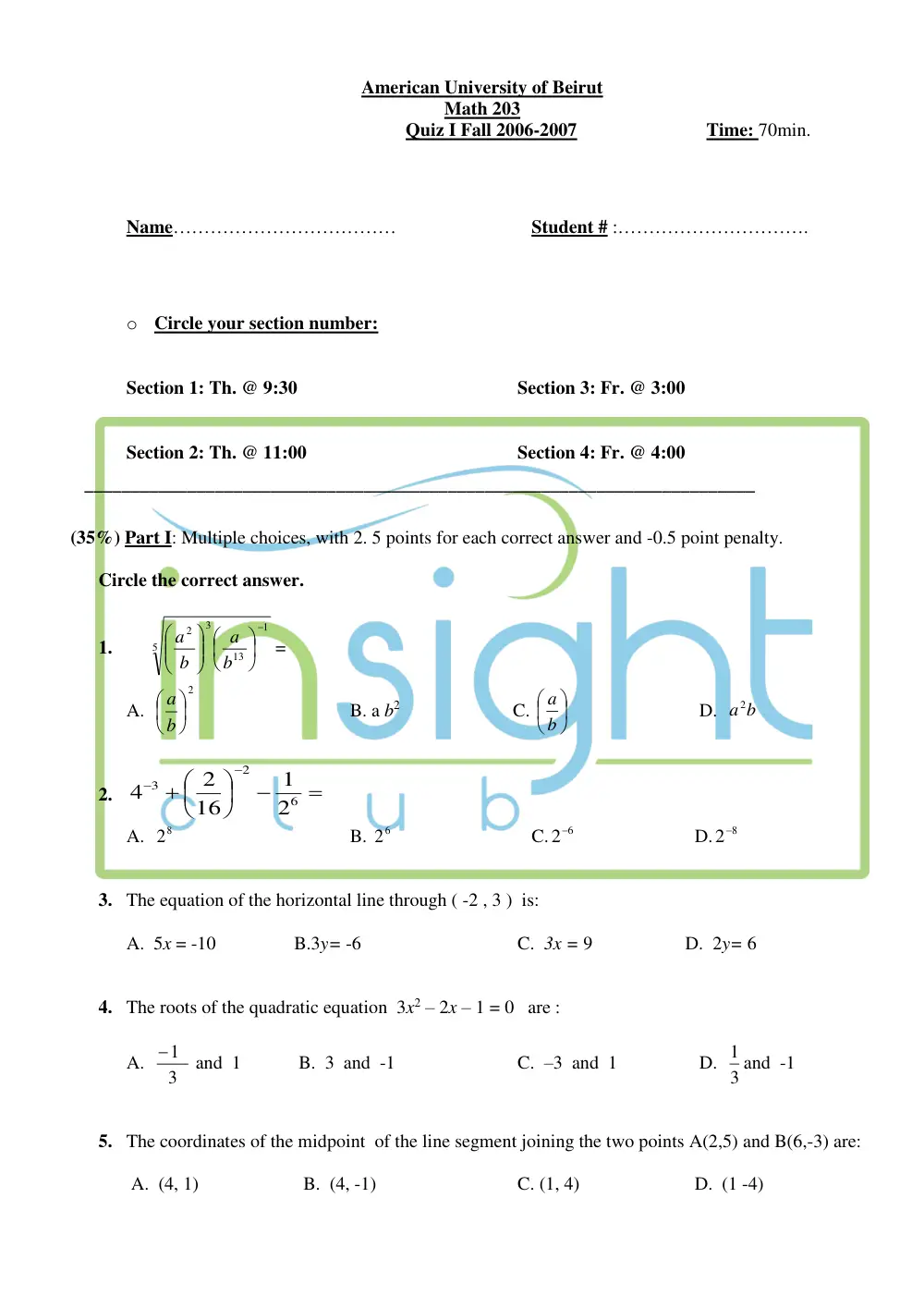 MATH 203 Exam 1, Fall 2007, page 1