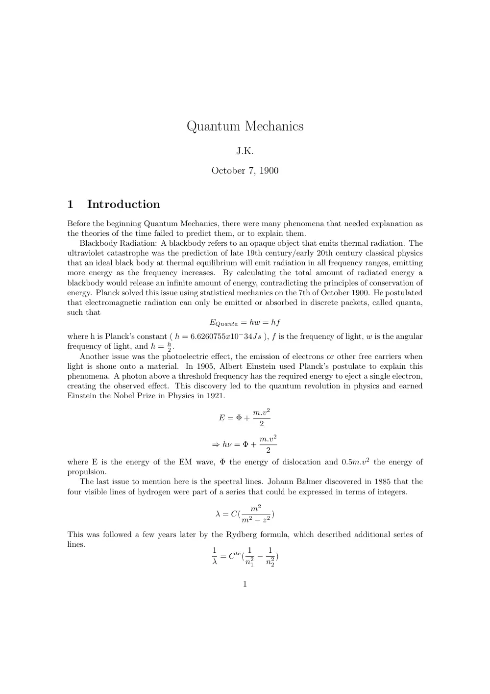 PHYS 212 Notes Quantum Mechanics, Spring 2017, page 1
