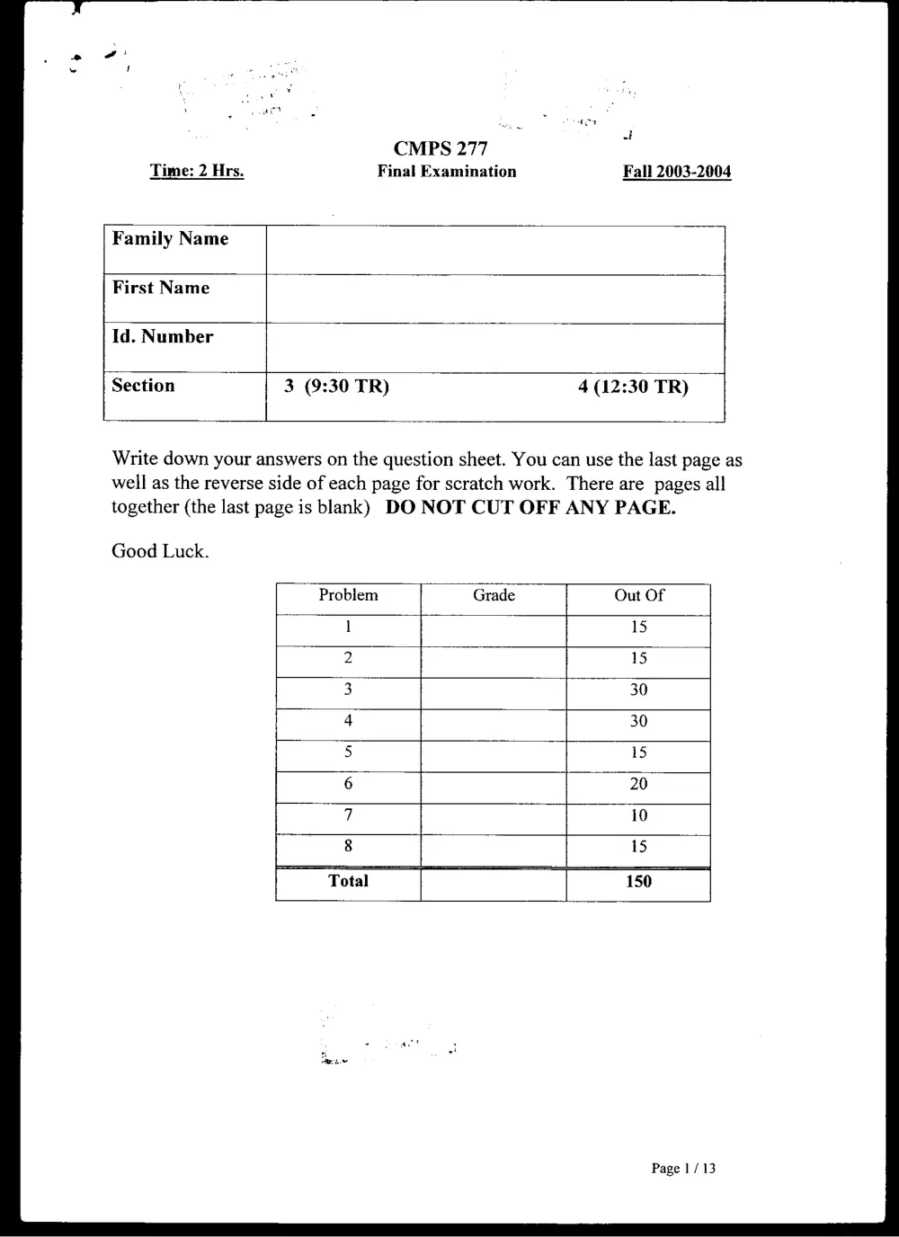 CMPS 277 Final, Fall 2003, page 1