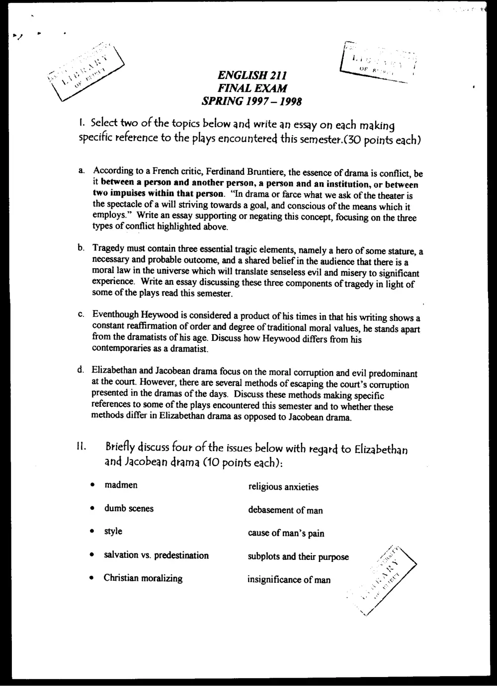 ENG 211 Final, Spring 1998, page 1