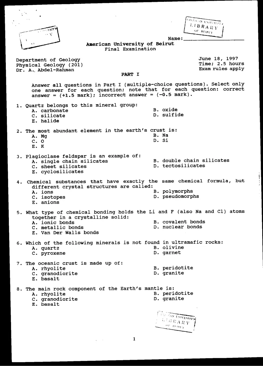 GEOL 201 Final, Spring 1997, page 1