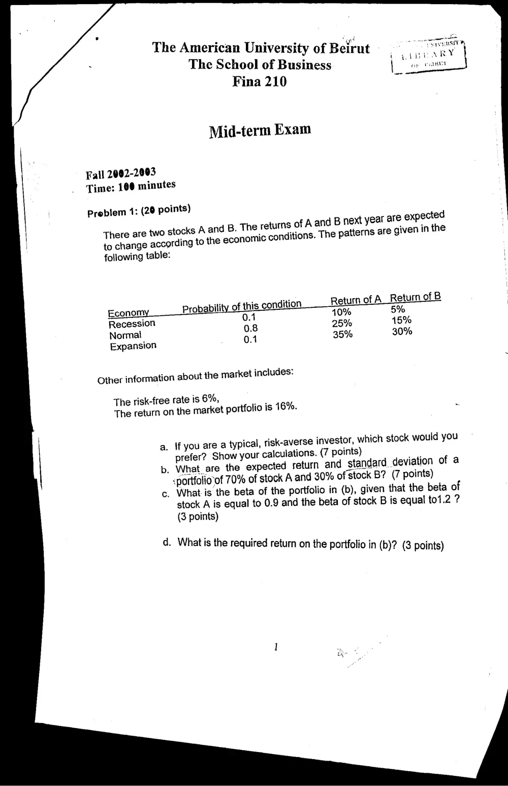 FINA 210 Midterm, Fall 2002, page 1