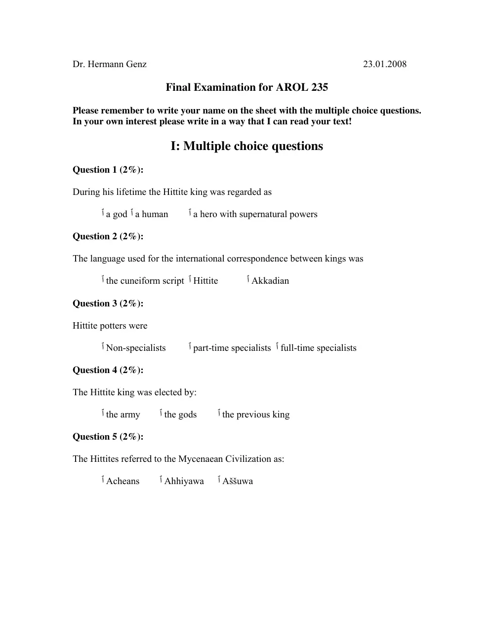 AROL 235 Final, Fall 2007, page 1