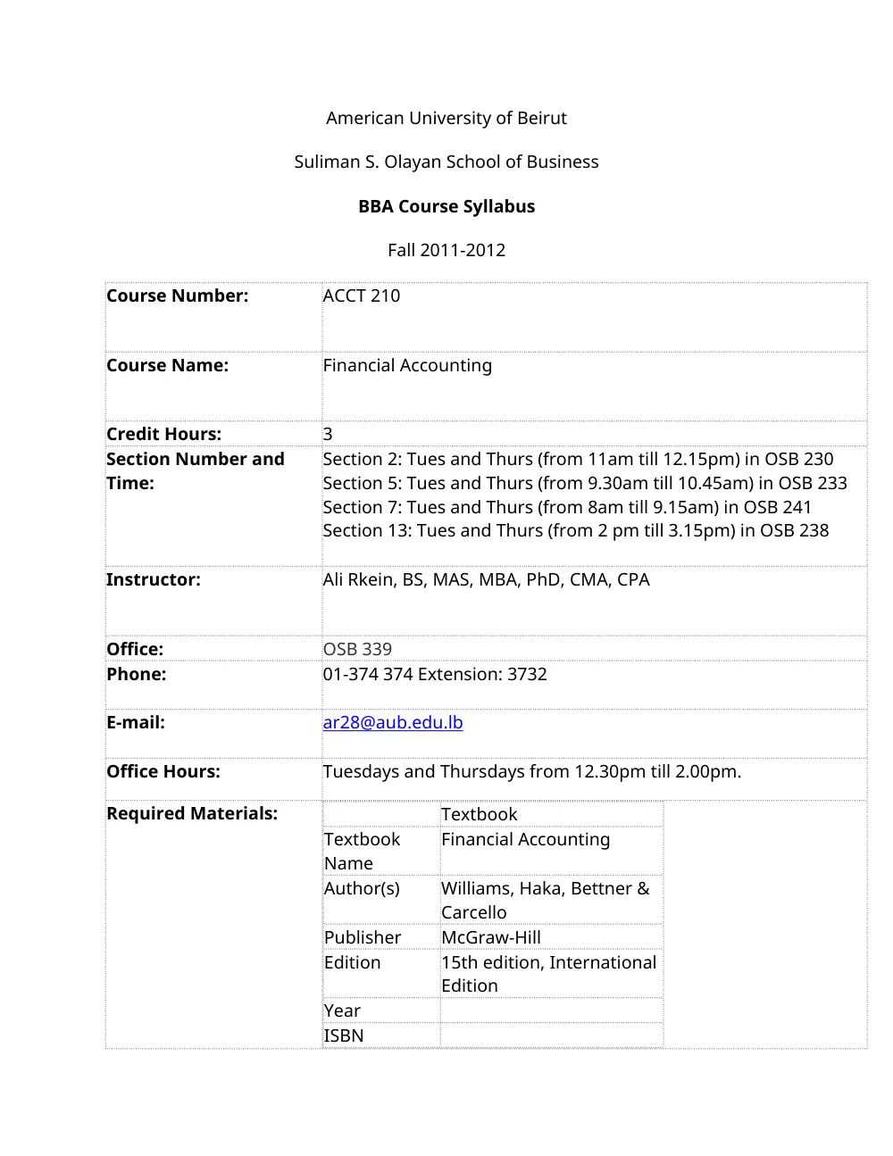ACCT 210 Syllabus, Fall 2011, page 1