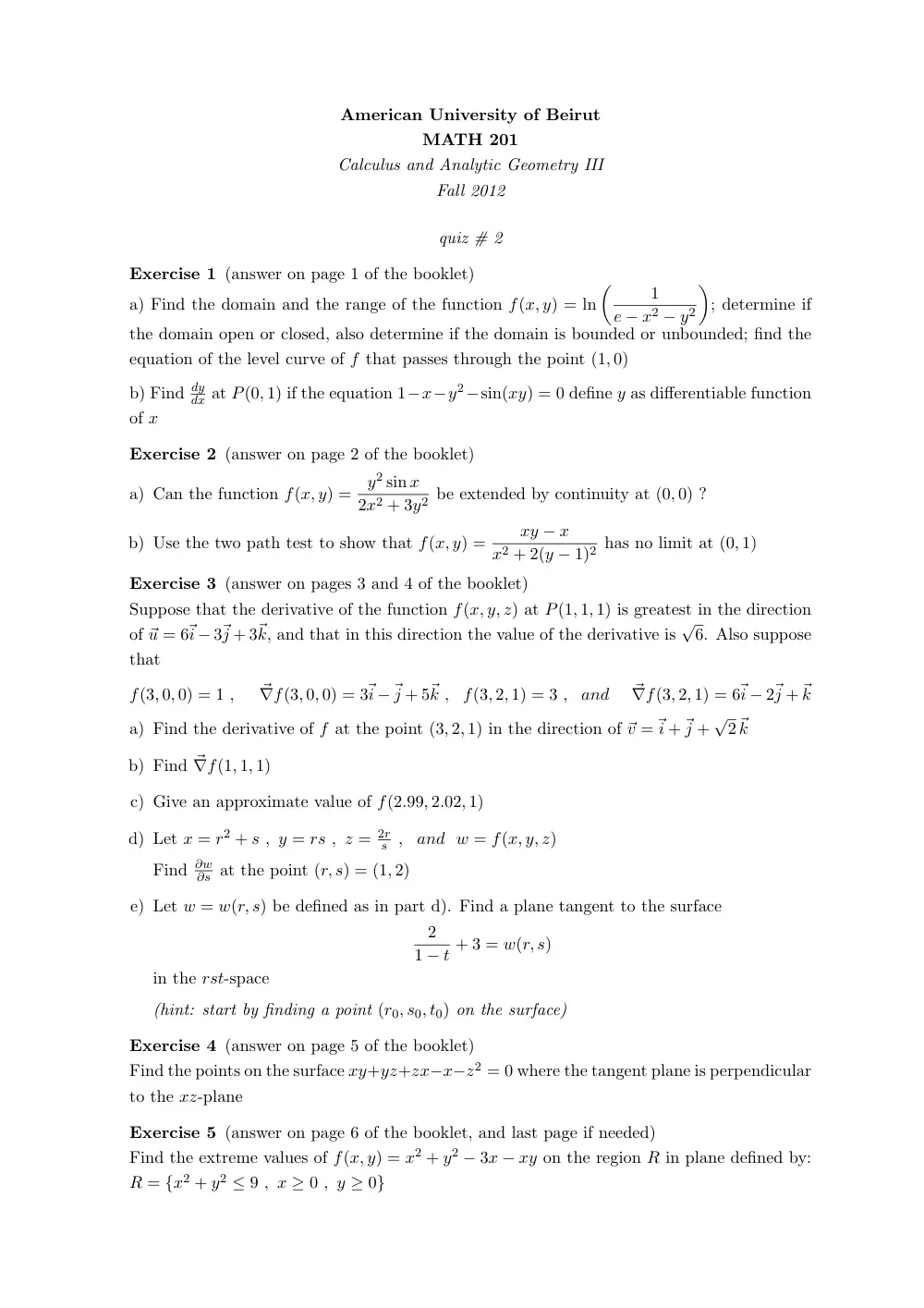 MATH 201 Exam 2, Fall 2012, page 1