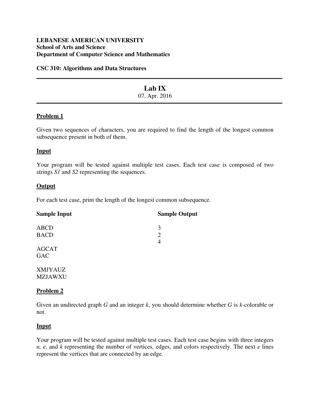 CSC 310 Lab 9, Spring 2016, page 1