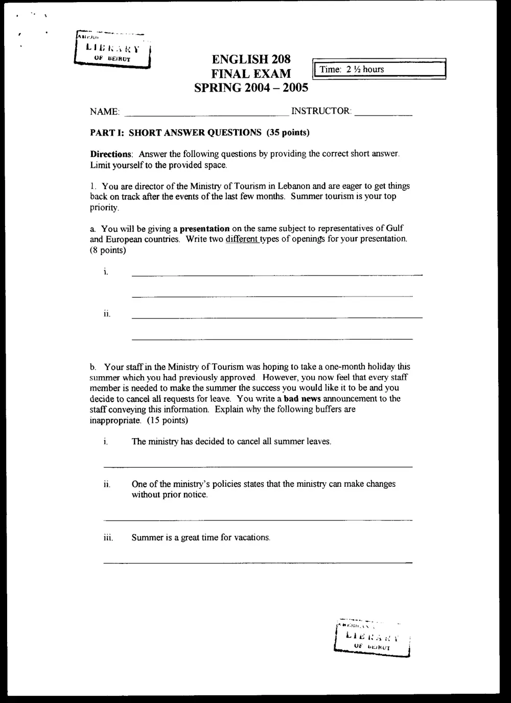 ENG 208 Final, Spring 2005, page 1