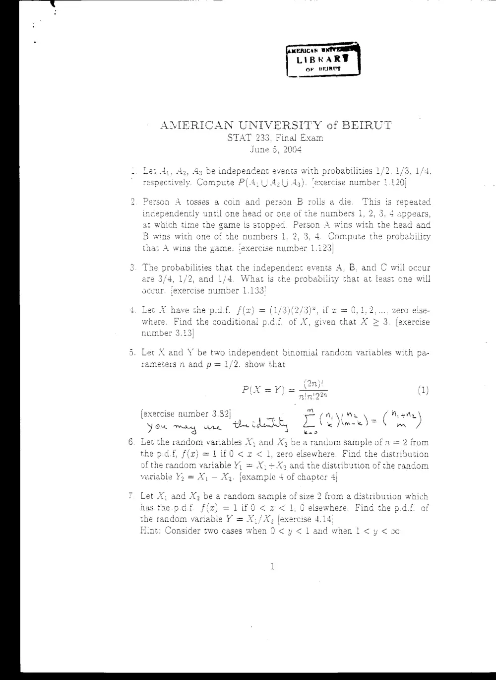 STAT 233 Final, Spring 2004, page 1