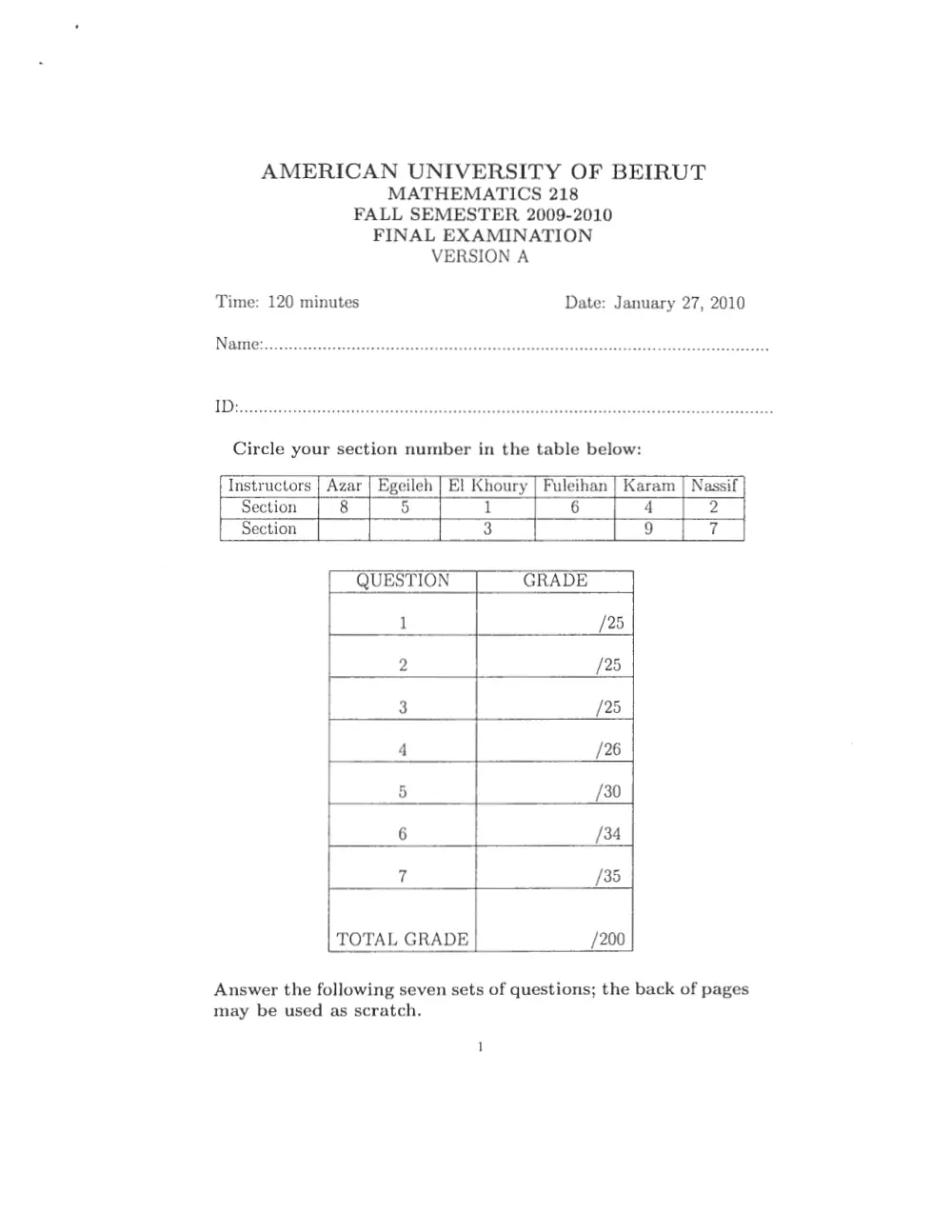 MATH 218 Final, Fall 2009, page 1