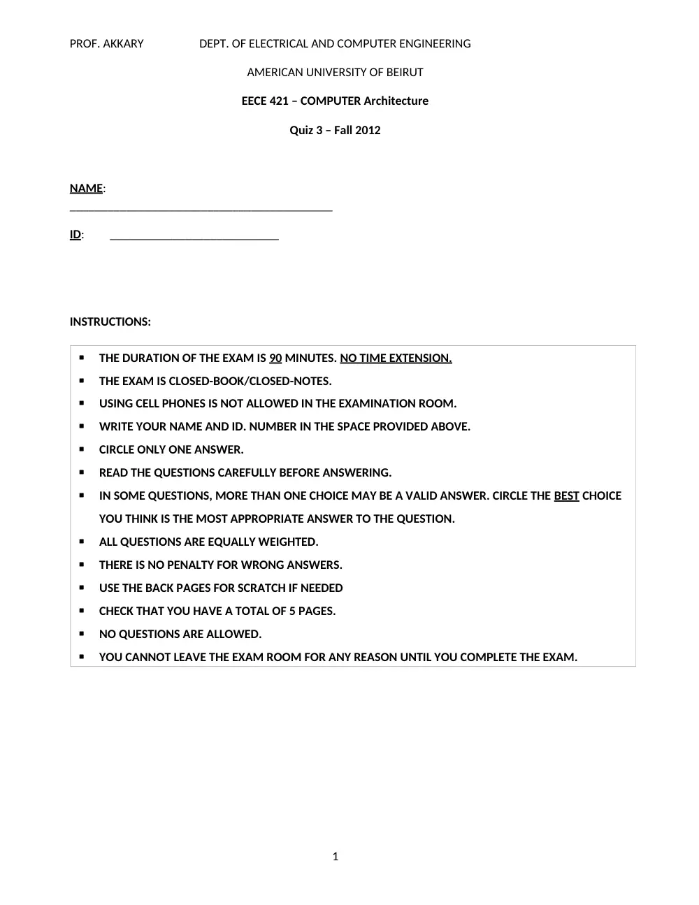 EECE 421 Exam 3, Fall 2012, page 1