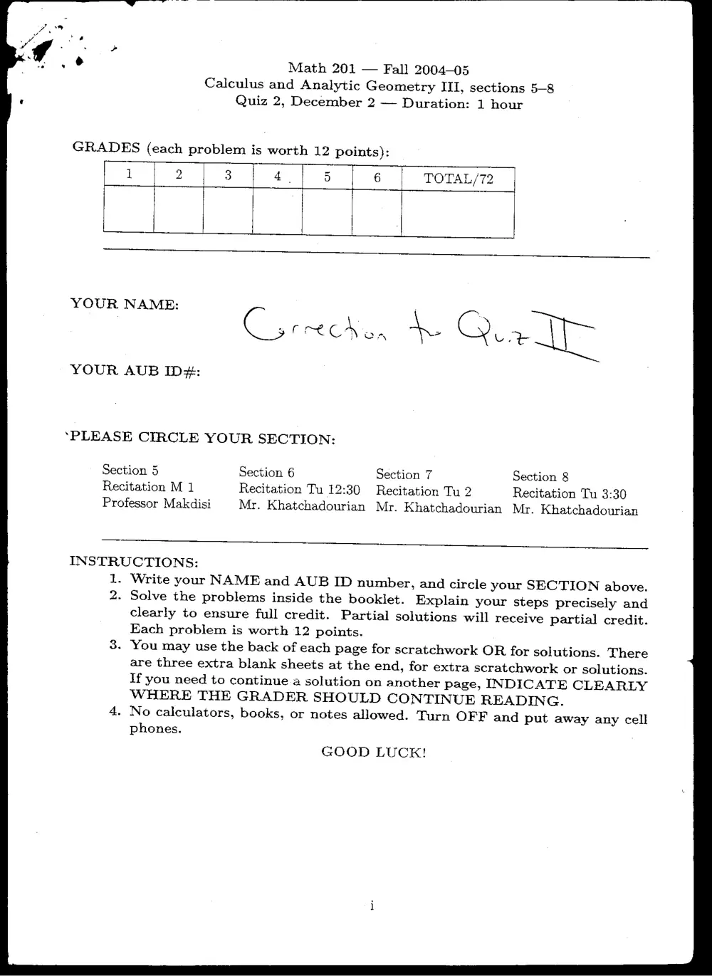 MATH 201 Exam 2, Fall 2004, page 1
