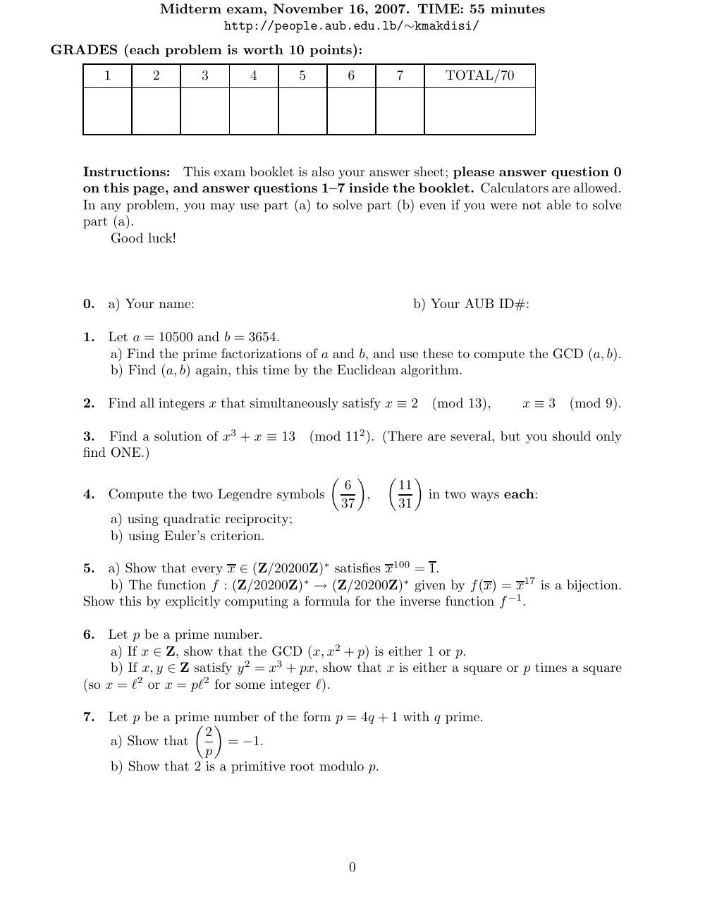 MATH 261 Midterm, Fall 2007, page 1