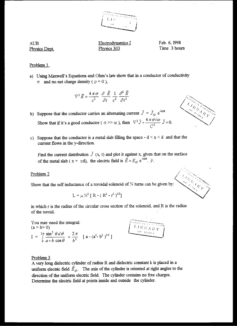 PHYS 303 Final, Fall 1997, page 1