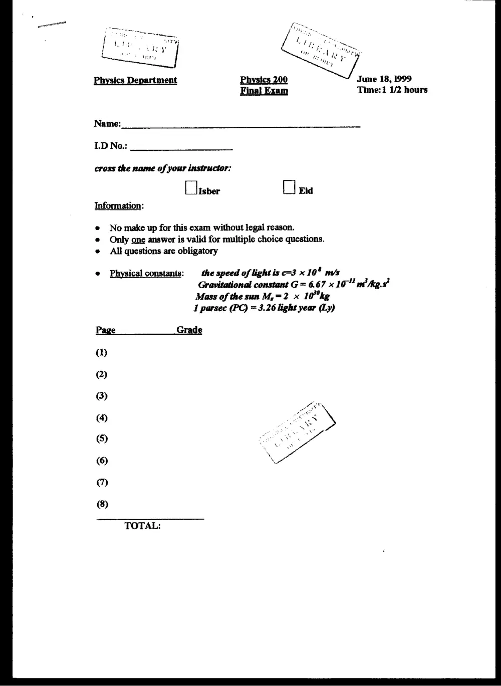 PHYS 200 Final, Spring 1999, page 1