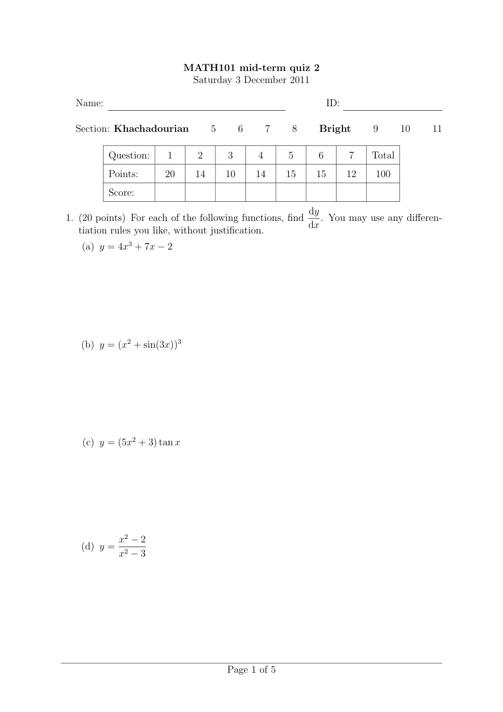 MATH 101 Exam 2, Fall 2011, page 1