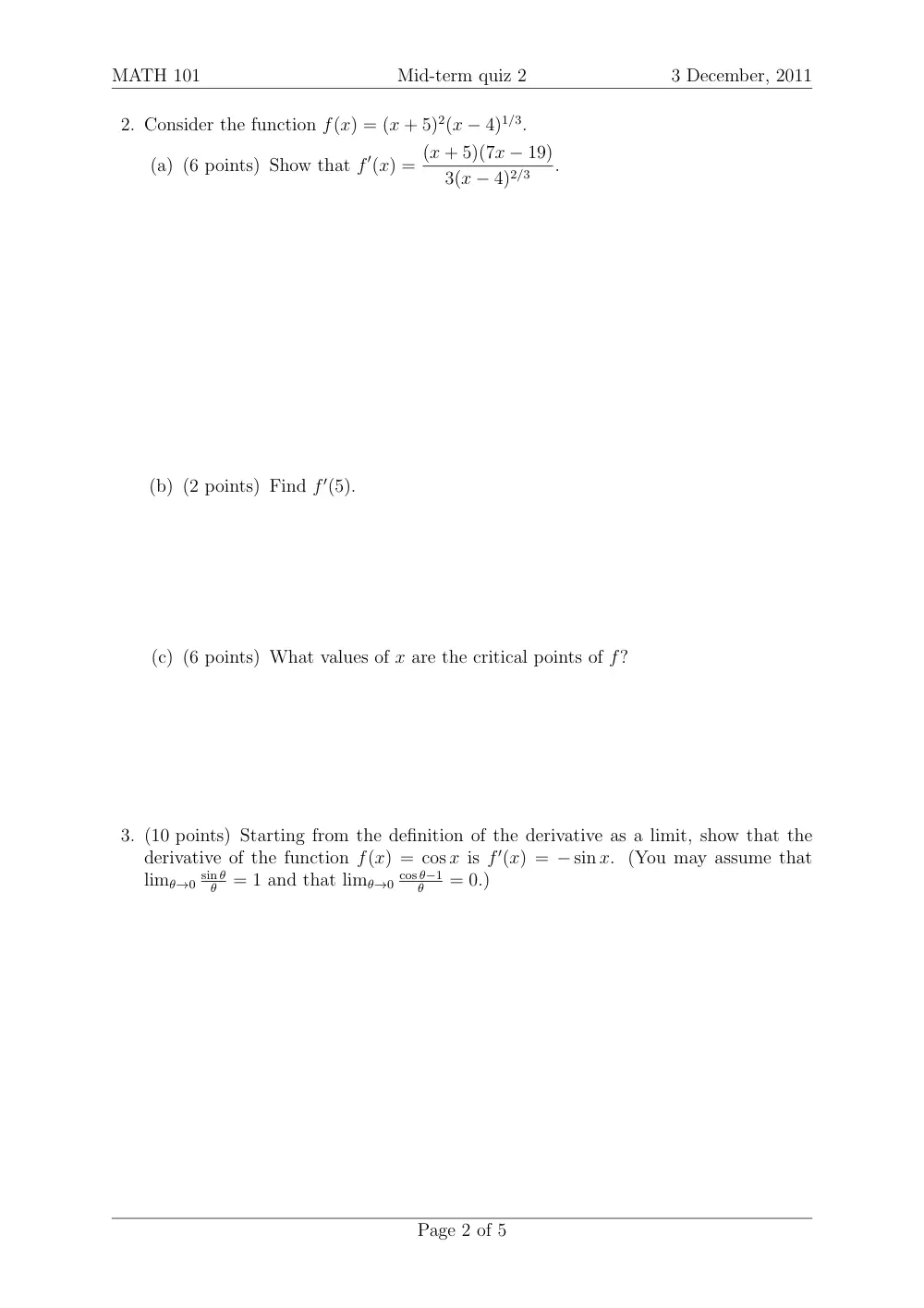MATH 101 Exam 2, Fall 2011, page 2
