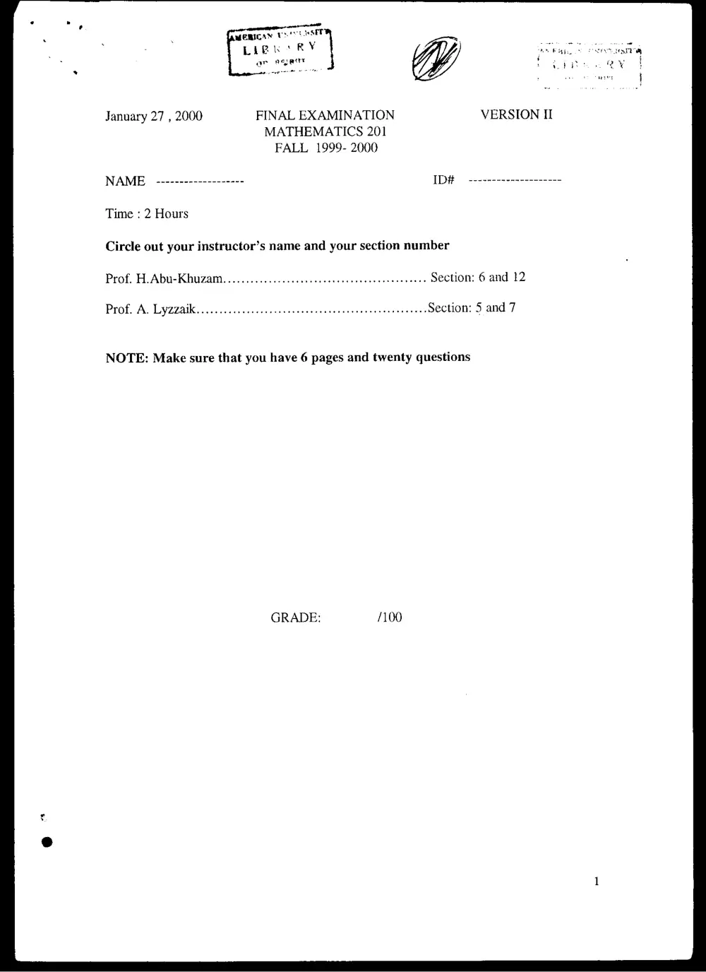 MATH 201 Final, Fall 1999, page 1