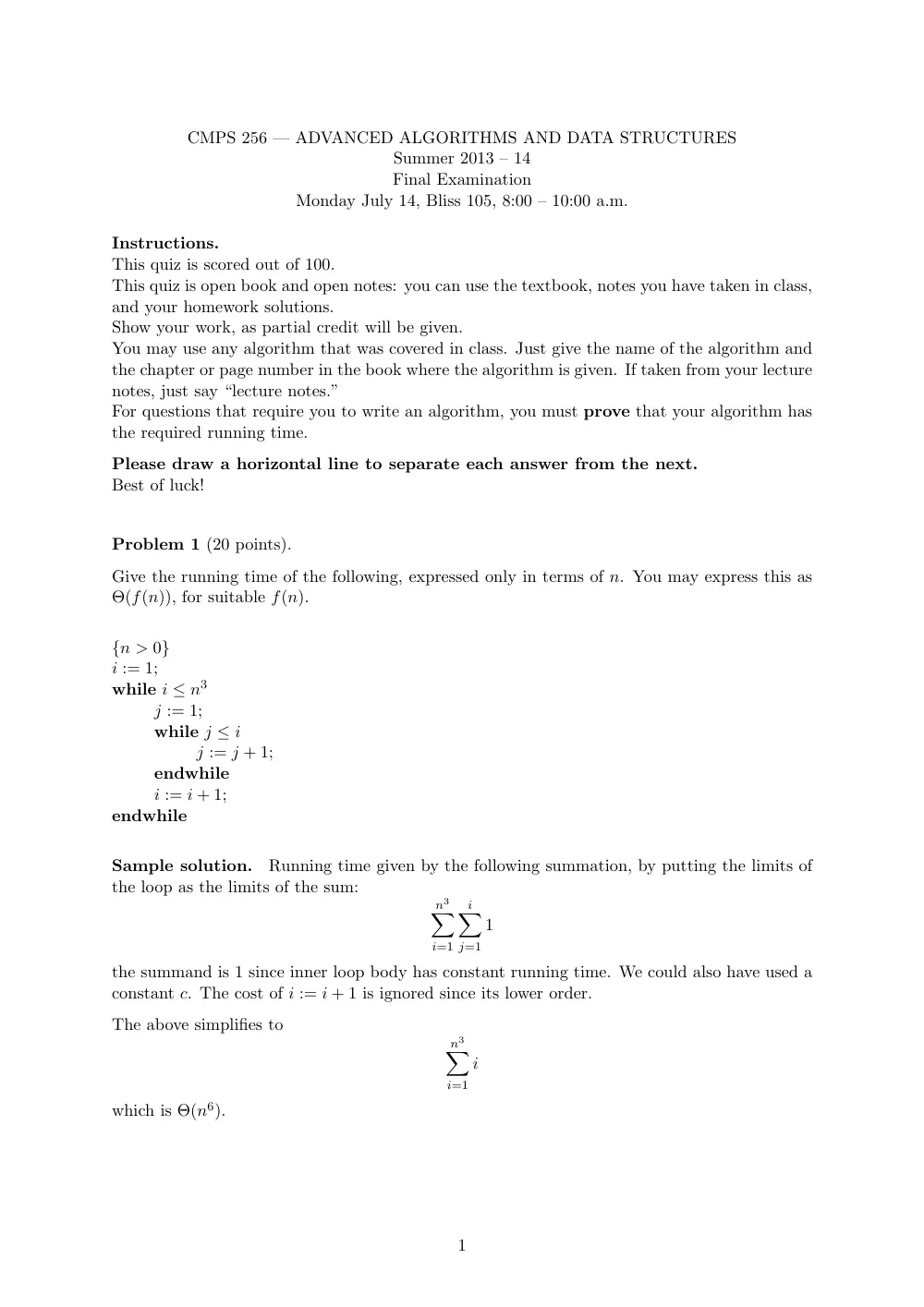 CMPS 256 Final Solutions, Fall 2013, page 1